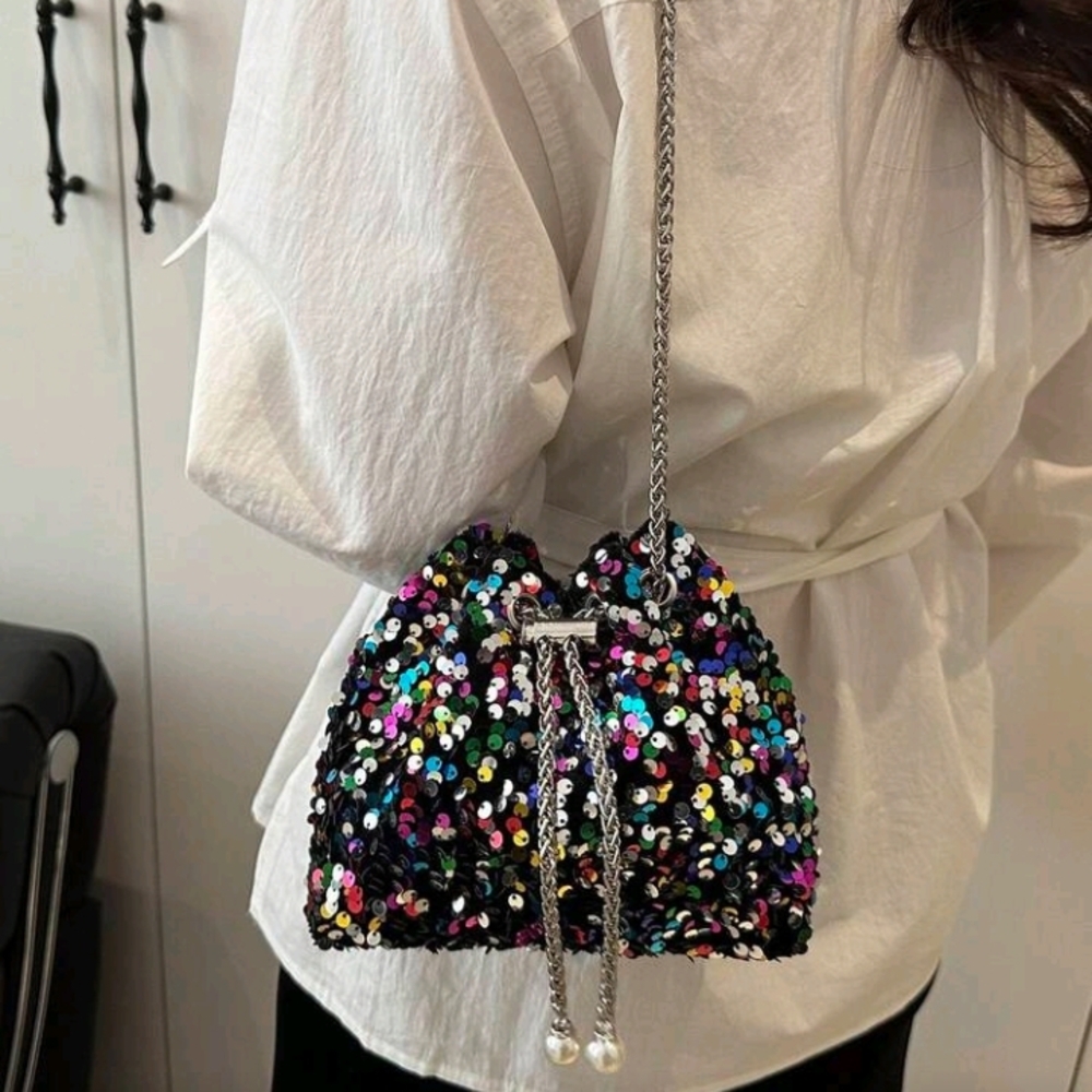 Sequin Drawstring Multicolor Bucket Bag With Chai… - image 3